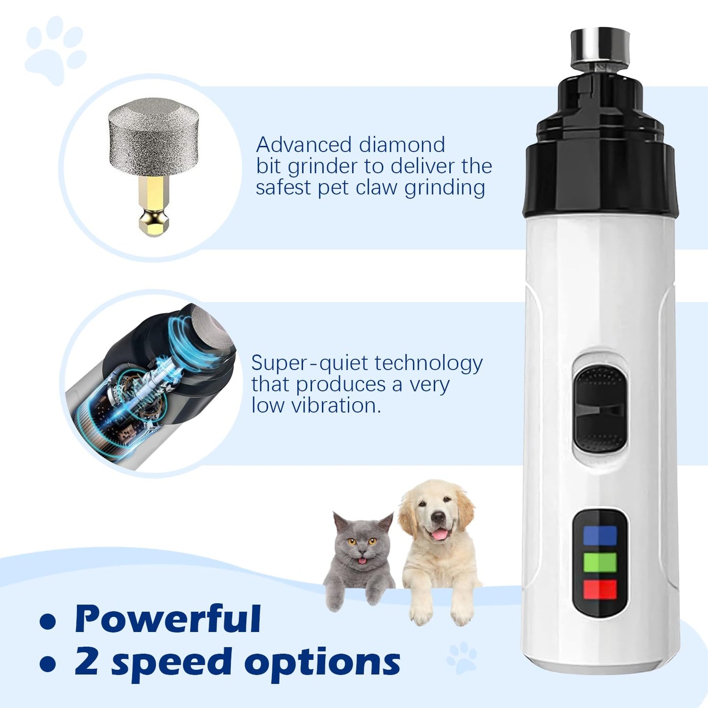 Dog Nail Grinder, 2025 Upgrades Super Quiet Pet Nail Grinder for Dogs Quiet Electric Nail File, 2-Speed Rechargeable Dog Nail Grinder Quiet Pet Nail Trimmers for Large Dogs Small Dogs (White)