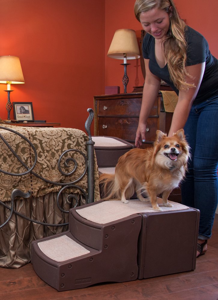 Pet Gear Easy Step Bed Stair for Cats/Dogs, Adjusts to Either Side of Bed, Removable Washable Carpet Treads, Storage Compartment, for Pets Up to 75lbs,New Essential Gray