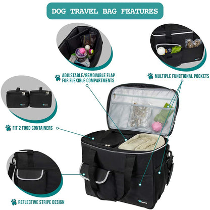 PetAmi Dog Travel Bag, Travel Pet Bag Organizer, Dog Food Travel Bag with Food Container and Bowls, Dog Travel Supplies Gift Accessories for Weekend Camping, Dog Cat Diaper Bag (Charcoal, Medium)