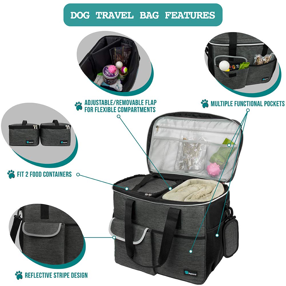 PetAmi Dog Travel Bag, Travel Pet Bag Organizer, Dog Food Travel Bag with Food Container and Bowls, Dog Travel Supplies Gift Accessories for Weekend Camping, Dog Cat Diaper Bag (Charcoal, Medium)