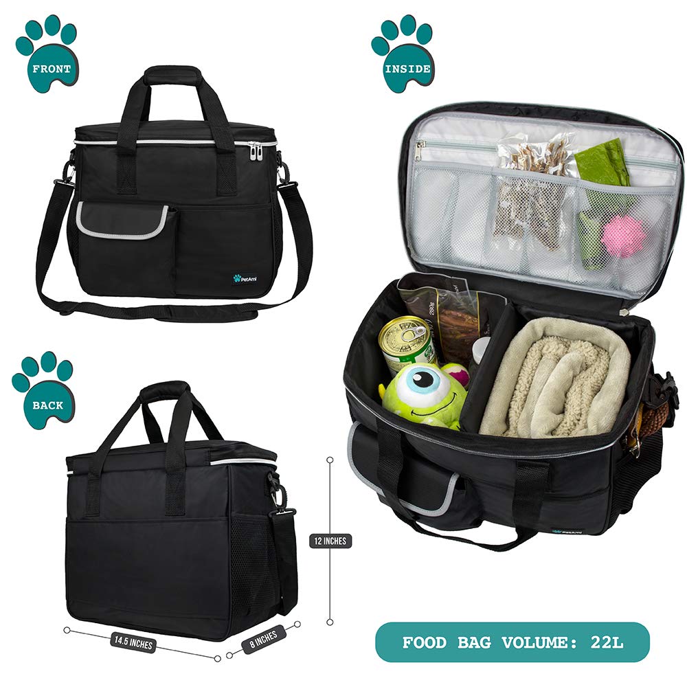 PetAmi Dog Travel Bag, Travel Pet Bag Organizer, Dog Food Travel Bag with Food Container and Bowls, Dog Travel Supplies Gift Accessories for Weekend Camping, Dog Cat Diaper Bag (Charcoal, Medium)