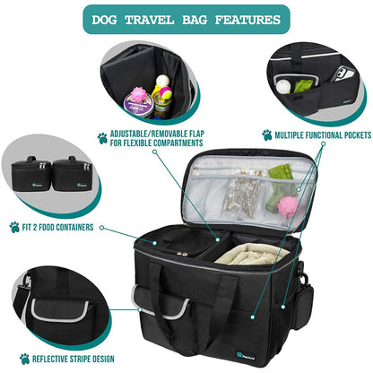 PetAmi Dog Travel Bag, Travel Pet Bag Organizer, Dog Food Travel Bag with Food Container and Bowls, Dog Travel Supplies Gift Accessories for Weekend Camping, Dog Cat Diaper Bag (Charcoal, Medium)