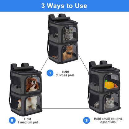 2-in-1 Double Pet Carrier Backpack for Small Cats and Dogs, Portable Pet Travel Carrier, Super Ventilated Design, Ideal for Traveling/Hiking/Camping, Large Size