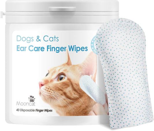 Mooncat Ear Cleaner Wipes｜Ear Cleansing Finger Wipes for Cats ｜Ear Wipes for Cats｜Dog Grooming Supplies｜Reduces Dirt and Cleans Wax Buildup｜Pet Ear Wash Wipes｜— 40 Finger Wipes