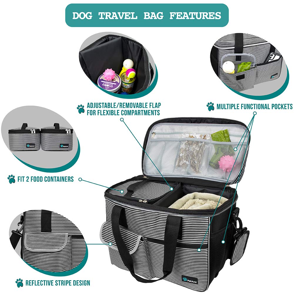 PetAmi Dog Travel Bag, Travel Pet Bag Organizer, Dog Food Travel Bag with Food Container and Bowls, Dog Travel Supplies Gift Accessories for Weekend Camping, Dog Cat Diaper Bag (Charcoal, Medium)