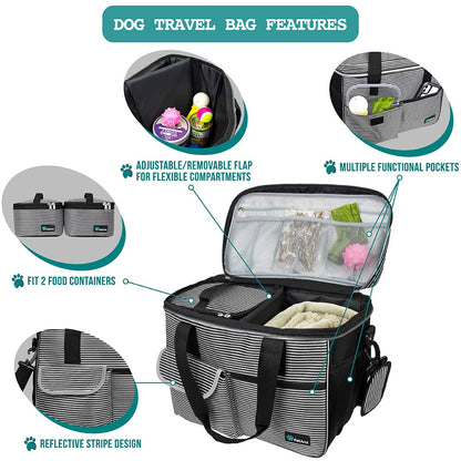 PetAmi Dog Travel Bag, Travel Pet Bag Organizer, Dog Food Travel Bag with Food Container and Bowls, Dog Travel Supplies Gift Accessories for Weekend Camping, Dog Cat Diaper Bag (Charcoal, Medium)