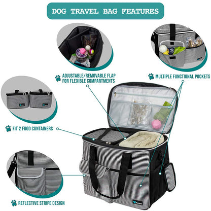 PetAmi Dog Travel Bag, Travel Pet Bag Organizer, Dog Food Travel Bag with Food Container and Bowls, Dog Travel Supplies Gift Accessories for Weekend Camping, Dog Cat Diaper Bag (Charcoal, Medium)