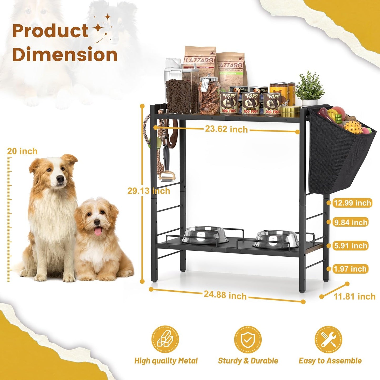 Elevated Dog Bowls, 23"D x11"W Large Raised Dog Bowl Stand with Dog Toy Basket Bin, 4 Height Adjustable Dog Feeding Station Food Bowl Holder Cabinet Pet Storage Organizer for Medium Small Dogs Cats