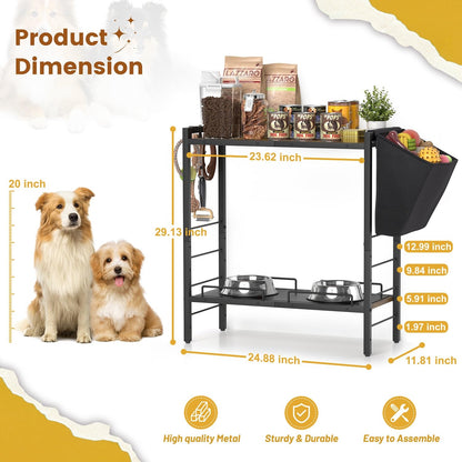 Elevated Dog Bowls, 23"D x11"W Large Raised Dog Bowl Stand with Dog Toy Basket Bin, 4 Height Adjustable Dog Feeding Station Food Bowl Holder Cabinet Pet Storage Organizer for Medium Small Dogs Cats