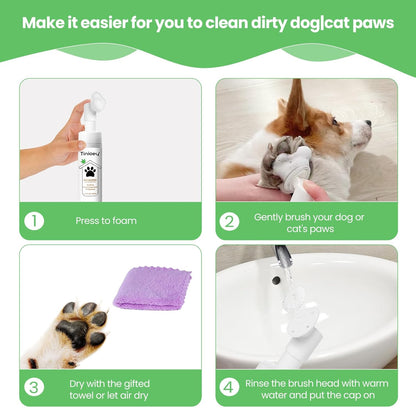 Foaming Paw Cleaner for Dogs and Cats (6.8 oz) | No-Rinse Dandelion Cleanser with Brush and Absorbent Towel (Fragrance Free)