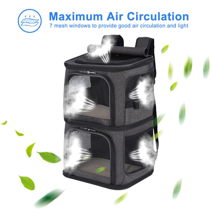 2-in-1 Double Pet Carrier Backpack for Small Cats and Dogs, Portable Pet Travel Carrier, Super Ventilated Design, Ideal for Traveling/Hiking/Camping, Large Size