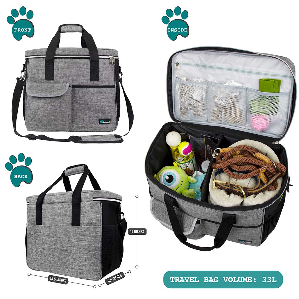 PetAmi Dog Travel Bag, Travel Pet Bag Organizer, Dog Food Travel Bag with Food Container and Bowls, Dog Travel Supplies Gift Accessories for Weekend Camping, Dog Cat Diaper Bag (Charcoal, Medium)