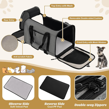 PETSITE 3-in-1 Cat Carrier with Wheels, Large Rolling Cat Dog Carrier with Dual-use Pads, Telescopic Handle, Carry Strap, Collapsible Pet Travel Carrier Crate for Small & Medium Sized Pets, Grey