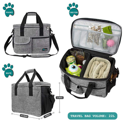 PetAmi Dog Travel Bag, Travel Pet Bag Organizer, Dog Food Travel Bag with Food Container and Bowls, Dog Travel Supplies Gift Accessories for Weekend Camping, Dog Cat Diaper Bag (Charcoal, Medium)