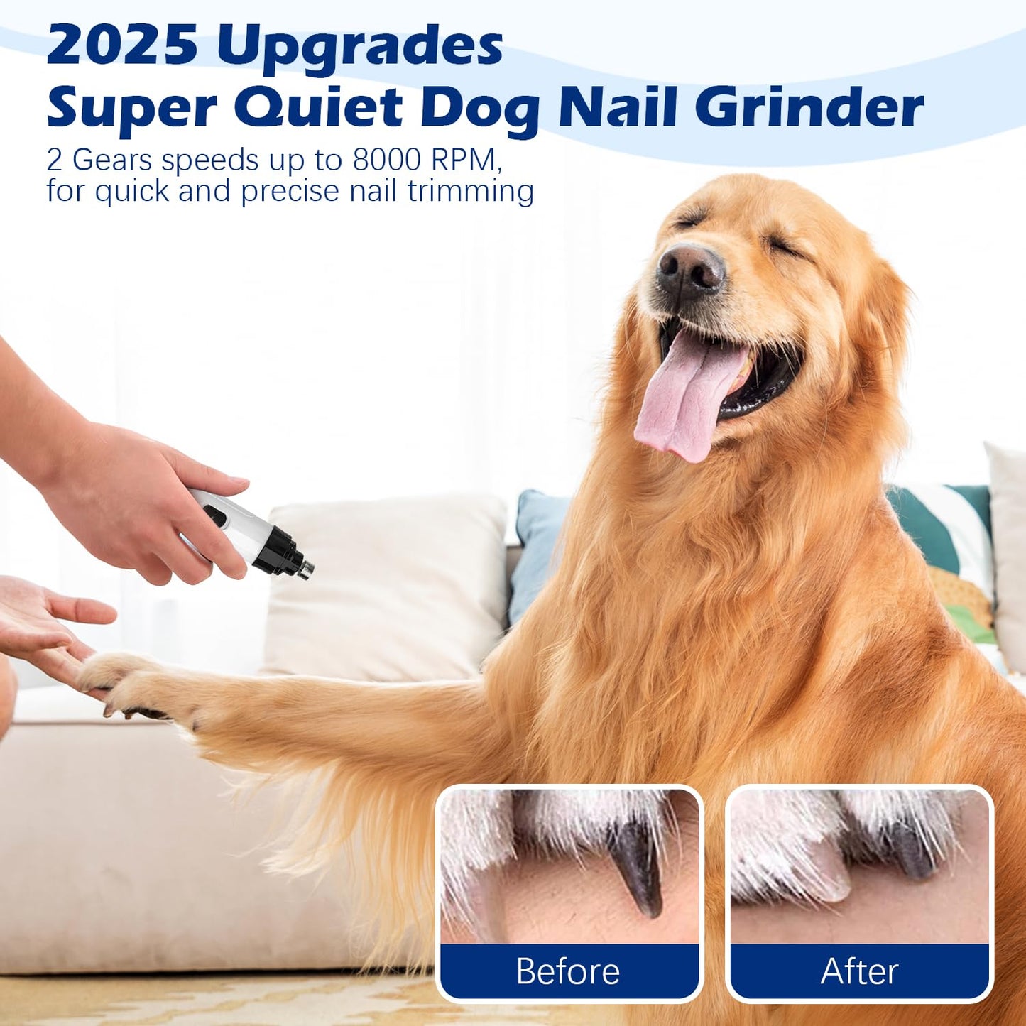 Dog Nail Grinder, 2025 Upgrades Super Quiet Pet Nail Grinder for Dogs Quiet Electric Nail File, 2-Speed Rechargeable Dog Nail Grinder Quiet Pet Nail Trimmers for Large Dogs Small Dogs (White)