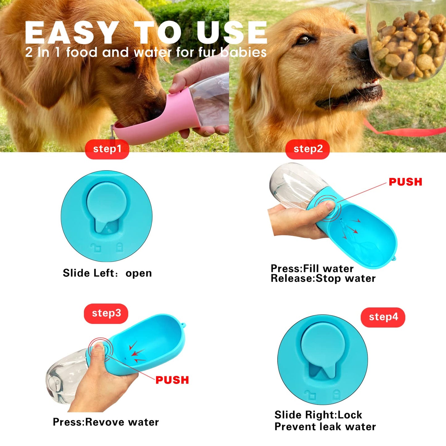 Dog Water Bottle,Portable Pet Water Bottle with Food Container,Outdoor Portable Water Dispenser for Cat,Puppy,Pets for Walking,Hiking,Travel,Puppy Essentials,Dog Stuff(10oz)