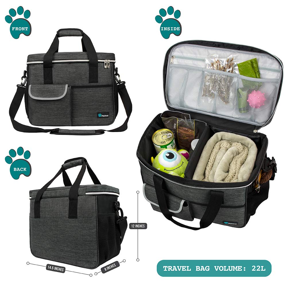 PetAmi Dog Travel Bag, Travel Pet Bag Organizer, Dog Food Travel Bag with Food Container and Bowls, Dog Travel Supplies Gift Accessories for Weekend Camping, Dog Cat Diaper Bag (Charcoal, Medium)