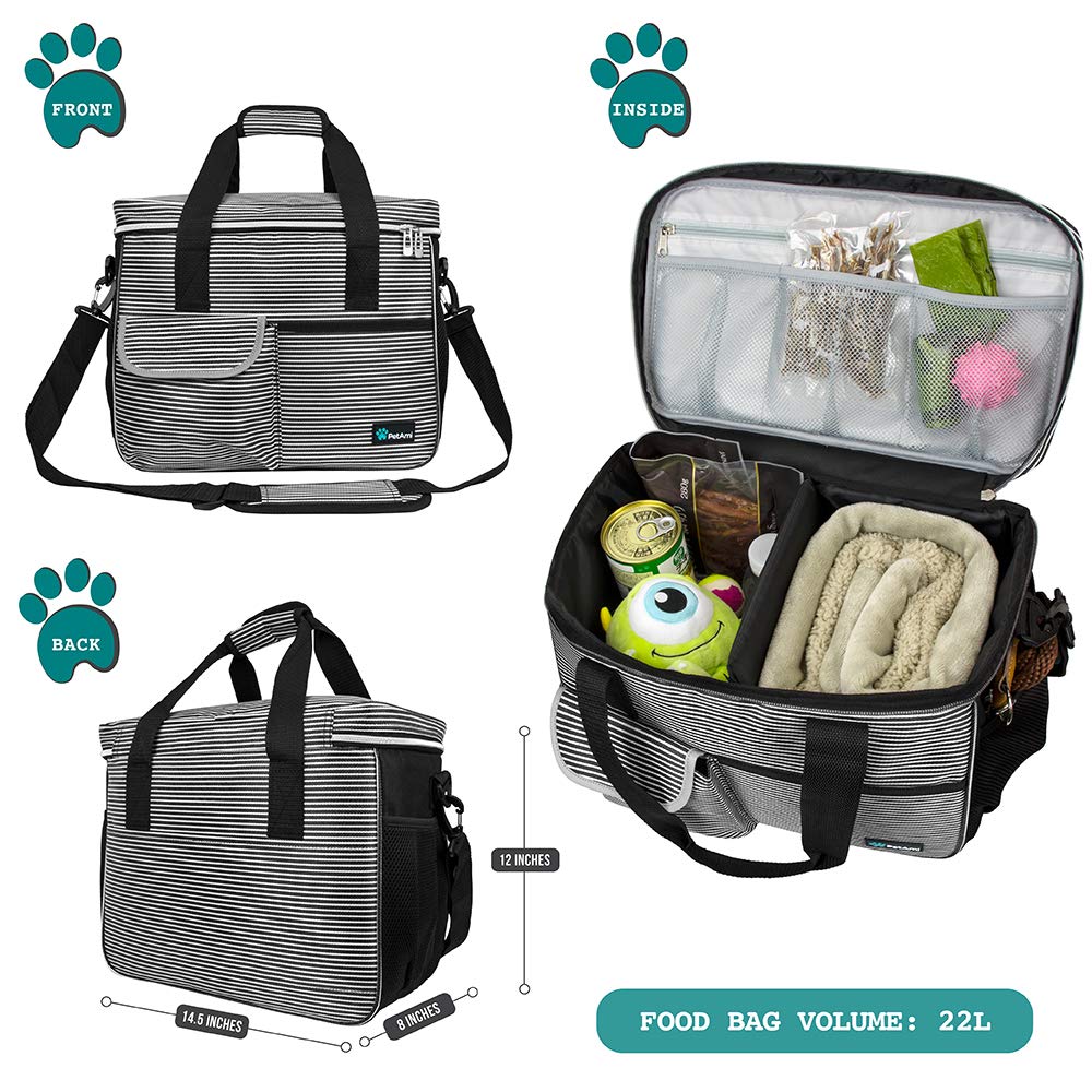 PetAmi Dog Travel Bag, Travel Pet Bag Organizer, Dog Food Travel Bag with Food Container and Bowls, Dog Travel Supplies Gift Accessories for Weekend Camping, Dog Cat Diaper Bag (Charcoal, Medium)