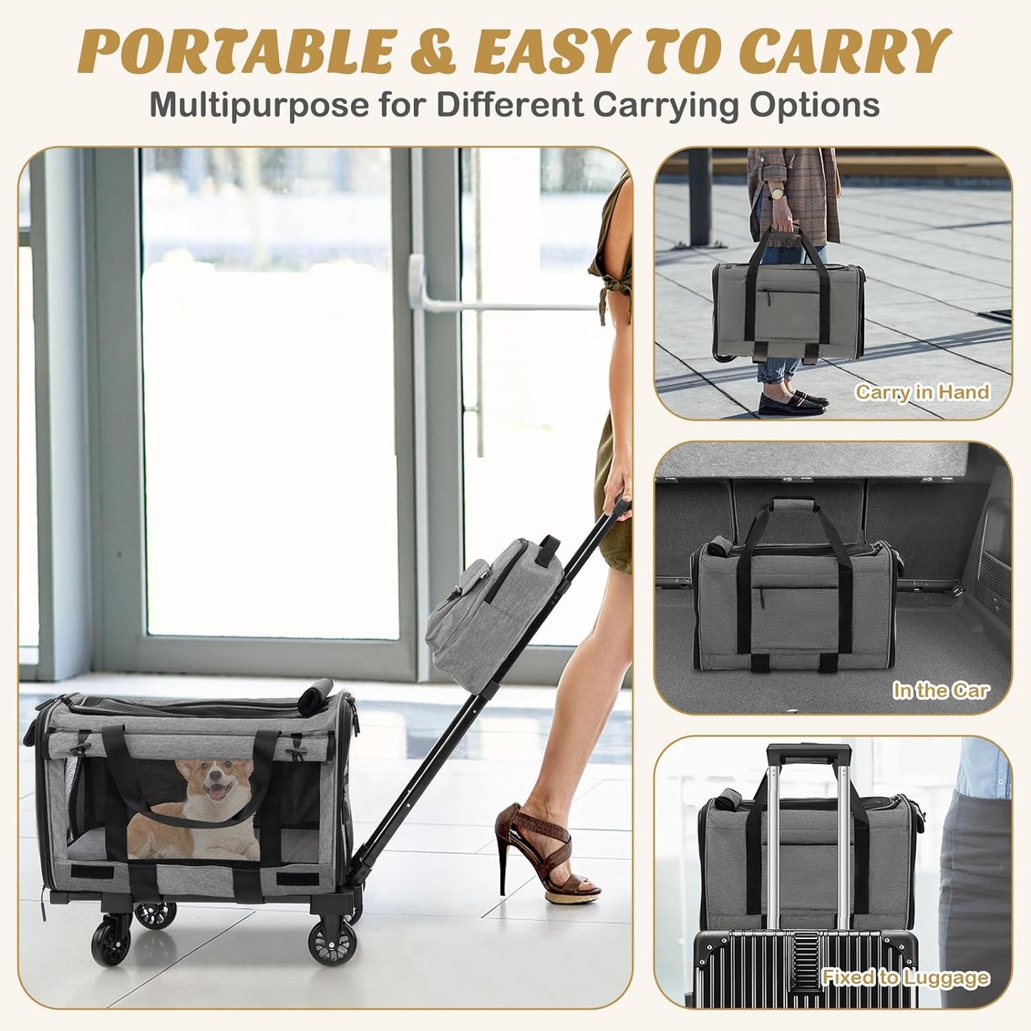 PETSITE 3-in-1 Cat Carrier with Wheels, Large Rolling Cat Dog Carrier with Dual-use Pads, Telescopic Handle, Carry Strap, Collapsible Pet Travel Carrier Crate for Small & Medium Sized Pets, Grey