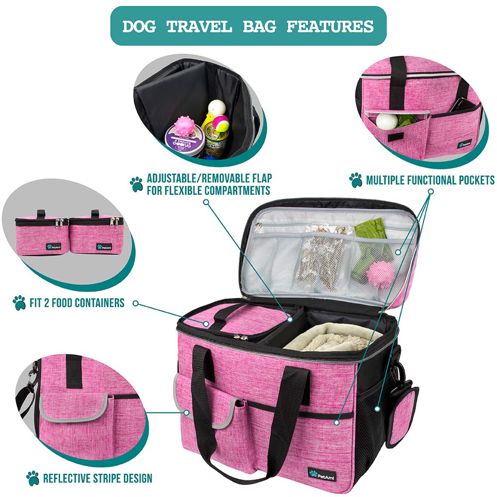 PetAmi Dog Travel Bag, Travel Pet Bag Organizer, Dog Food Travel Bag with Food Container and Bowls, Dog Travel Supplies Gift Accessories for Weekend Camping, Dog Cat Diaper Bag (Charcoal, Medium)