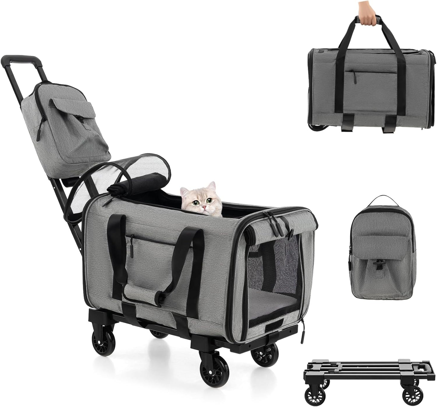 PETSITE 3-in-1 Cat Carrier with Wheels, Large Rolling Cat Dog Carrier with Dual-use Pads, Telescopic Handle, Carry Strap, Collapsible Pet Travel Carrier Crate for Small & Medium Sized Pets, Grey