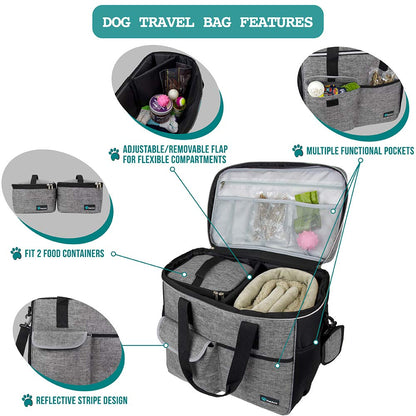 PetAmi Dog Travel Bag, Travel Pet Bag Organizer, Dog Food Travel Bag with Food Container and Bowls, Dog Travel Supplies Gift Accessories for Weekend Camping, Dog Cat Diaper Bag (Charcoal, Medium)