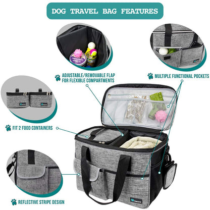 PetAmi Dog Travel Bag, Travel Pet Bag Organizer, Dog Food Travel Bag with Food Container and Bowls, Dog Travel Supplies Gift Accessories for Weekend Camping, Dog Cat Diaper Bag (Charcoal, Medium)