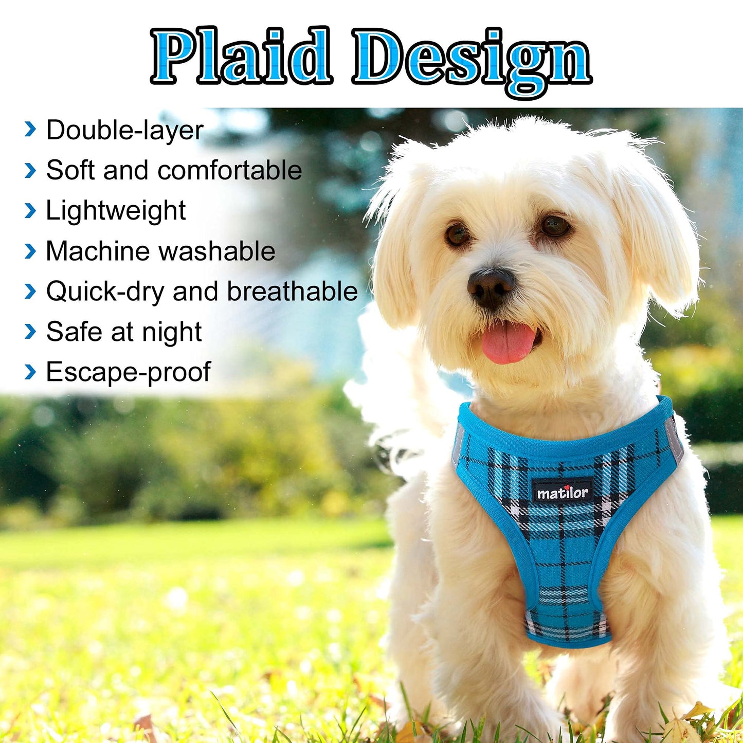 Dog Harness Step-in Breathable Puppy Cat Dog Vest Harnesses for Small Medium Dogs Blue Plaid