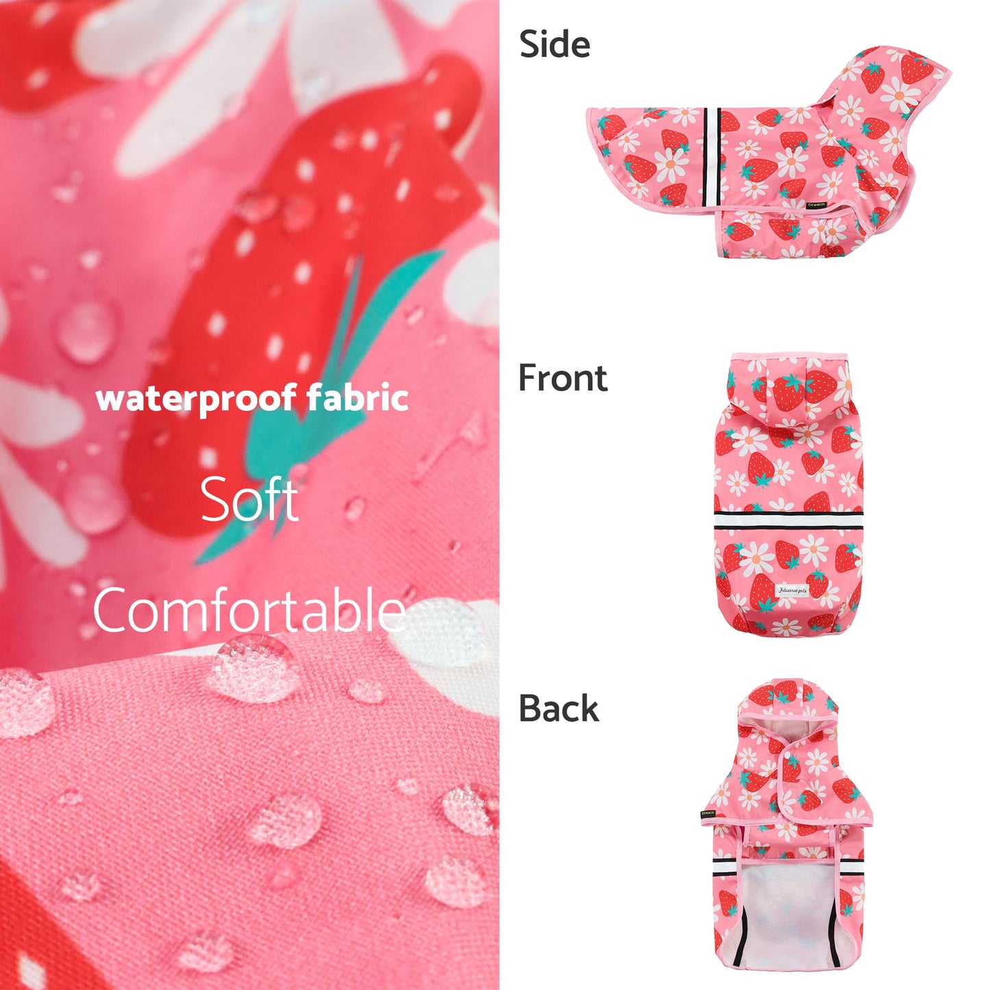 Fitwarm Strawberry Daisy Dog Raincoat with Hood, Waterproof Rain Jacket for Small Dogs Girl, Reflective Pet Poncho with Harness Opening, Packable, Adjustable, Pink, XS