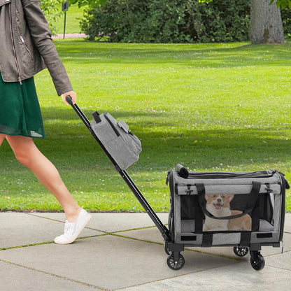 PETSITE 3-in-1 Cat Carrier with Wheels, Large Rolling Cat Dog Carrier with Dual-use Pads, Telescopic Handle, Carry Strap, Collapsible Pet Travel Carrier Crate for Small & Medium Sized Pets, Grey