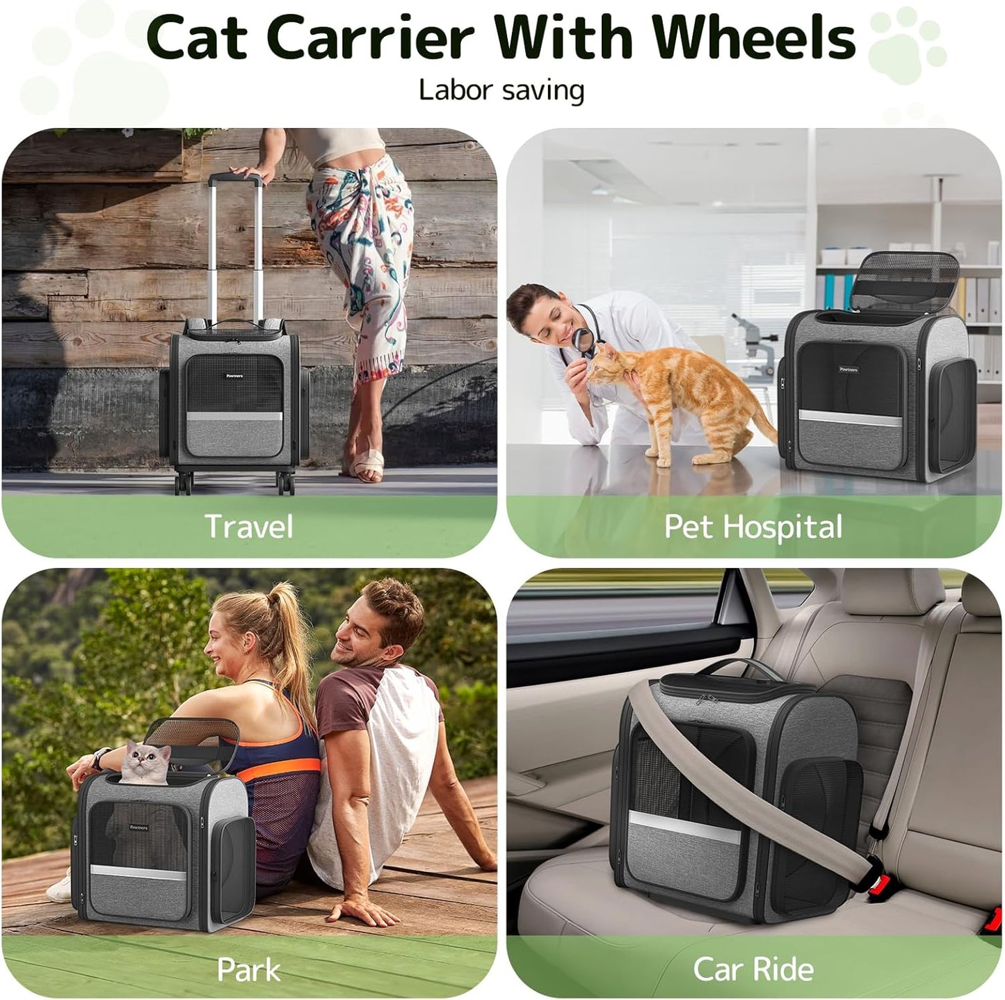 Rolling Cat Carrier with Wheels: Airline Approved Dog Carrier for Small Dogs & Large Cats, Expandable Pet Carrier on Wheels with Cat Play Tunnel, Large Capacity, Breathable Mesh, Side Pocket, Grey