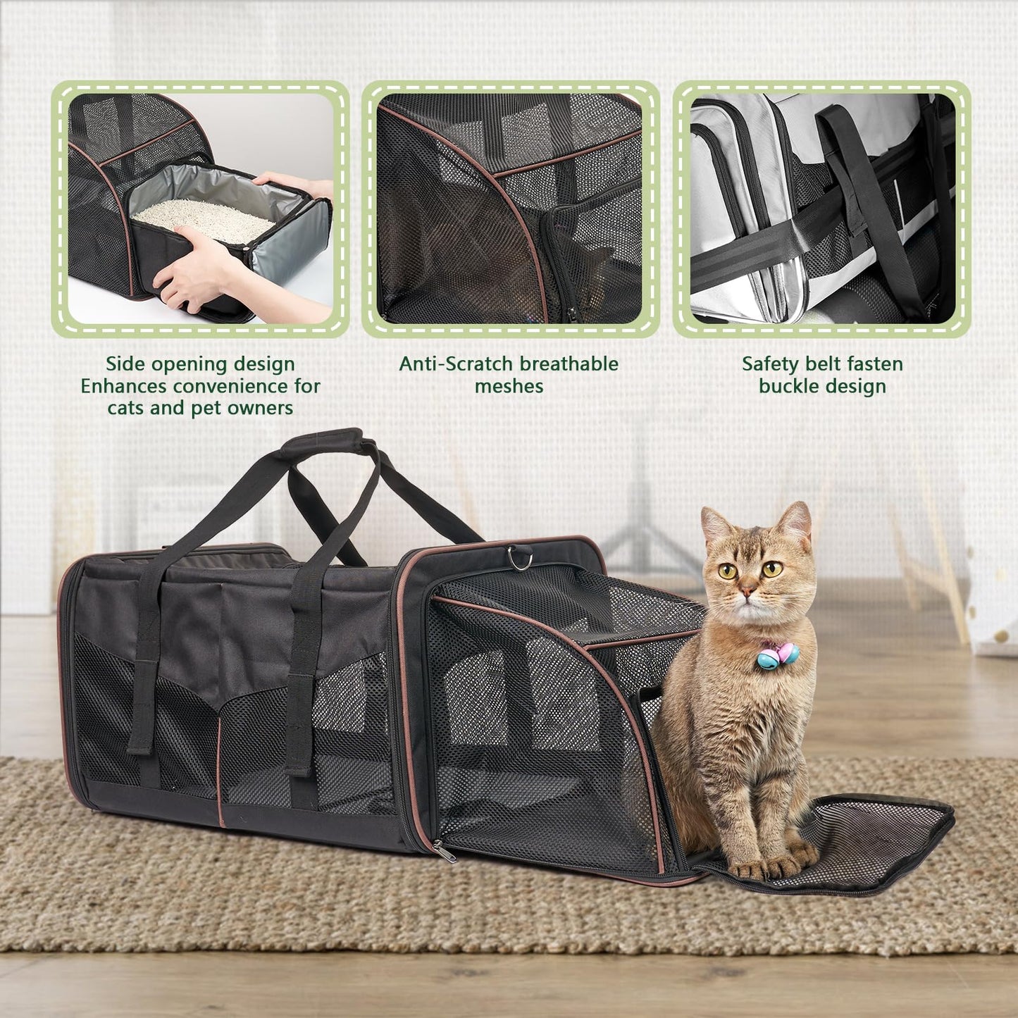 Cat Travel Carrier with Litter Boxes for 2 Cats, Double-Compartment Soft Pet Carrier, Expandable Portable Cat Carrier for Car Travel, up to 35 lb Road Trip, Camping, Hiking, Black