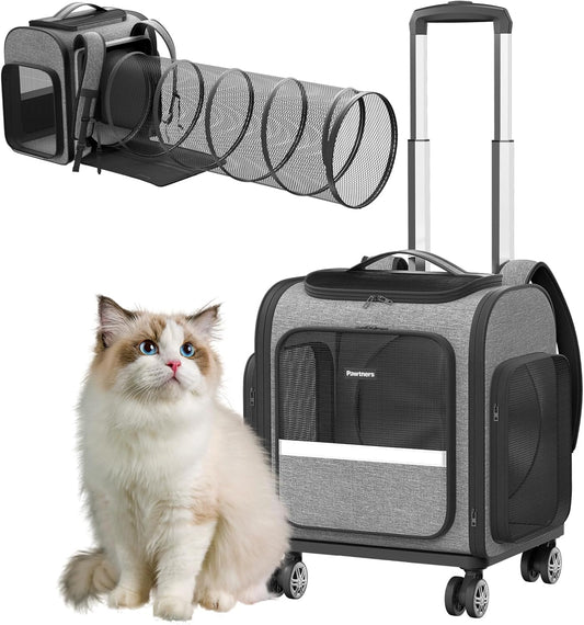 Rolling Cat Carrier with Wheels: Airline Approved Dog Carrier for Small Dogs & Large Cats, Expandable Pet Carrier on Wheels with Cat Play Tunnel, Large Capacity, Breathable Mesh, Side Pocket, Grey