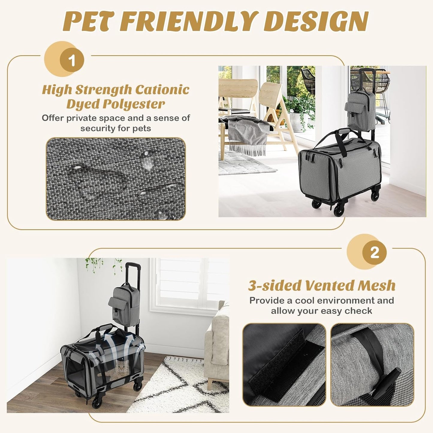 PETSITE 3-in-1 Cat Carrier with Wheels, Large Rolling Cat Dog Carrier with Dual-use Pads, Telescopic Handle, Carry Strap, Collapsible Pet Travel Carrier Crate for Small & Medium Sized Pets, Grey