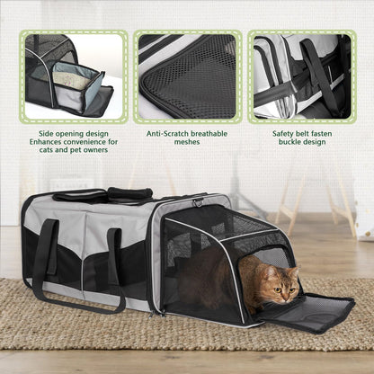 Cat Travel Carrier with Litter Boxes for 2 Cats, Double-Compartment Soft Pet Carrier, Expandable Portable Cat Carrier for Car Travel, up to 35 lb Road Trip, Camping, Hiking, Black