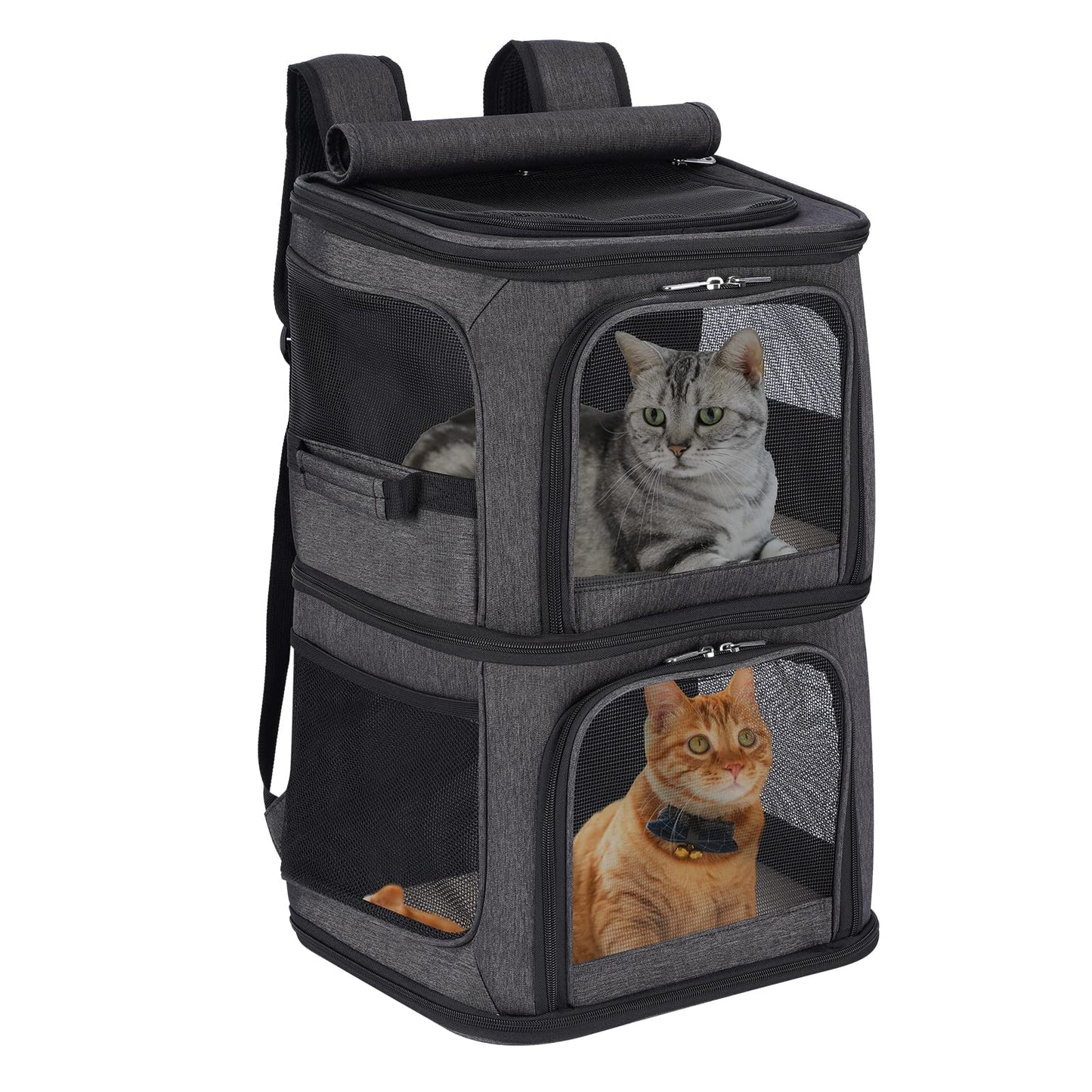 2-in-1 Double Pet Carrier Backpack for Small Cats and Dogs, Portable Pet Travel Carrier, Super Ventilated Design, Ideal for Traveling/Hiking/Camping, Large Size