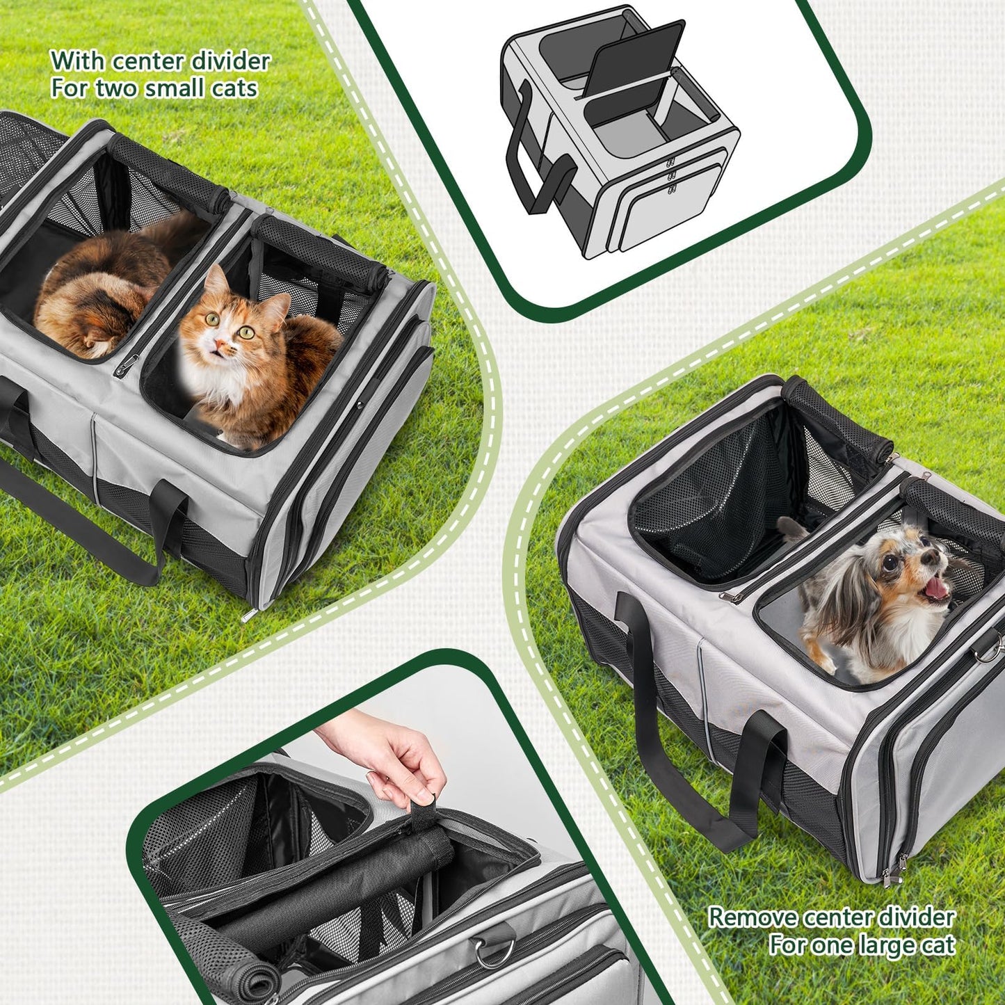 Cat Travel Carrier with Litter Boxes for 2 Cats, Double-Compartment Soft Pet Carrier, Expandable Portable Cat Carrier for Car Travel, up to 35 lb Road Trip, Camping, Hiking, Black