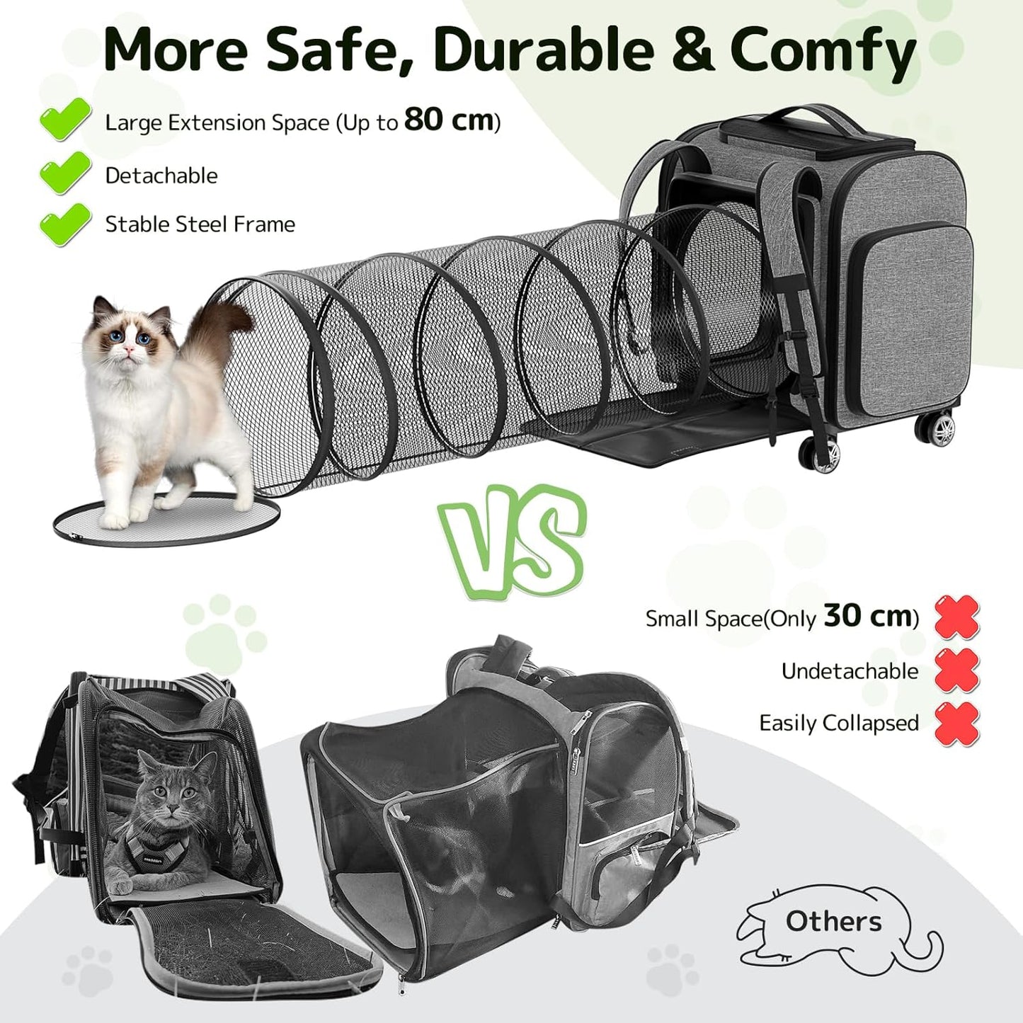 Rolling Cat Carrier with Wheels: Airline Approved Dog Carrier for Small Dogs & Large Cats, Expandable Pet Carrier on Wheels with Cat Play Tunnel, Large Capacity, Breathable Mesh, Side Pocket, Grey