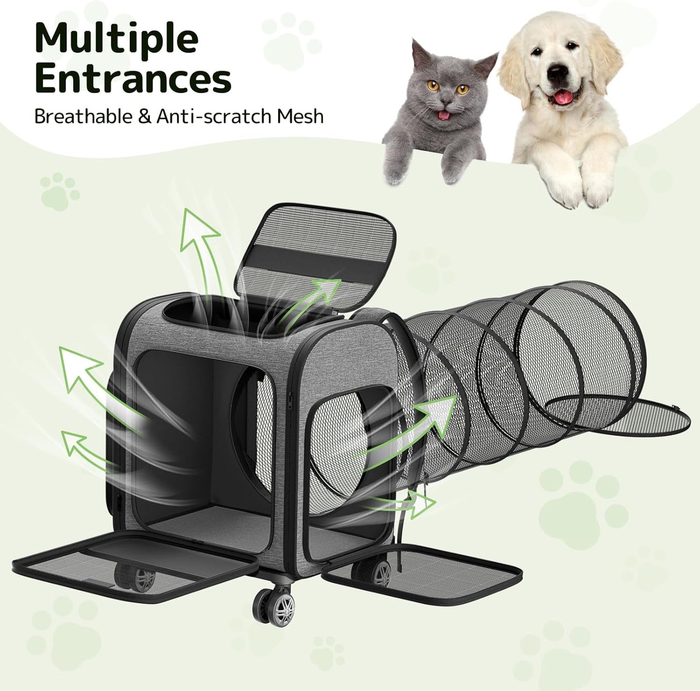 Rolling Cat Carrier with Wheels: Airline Approved Dog Carrier for Small Dogs & Large Cats, Expandable Pet Carrier on Wheels with Cat Play Tunnel, Large Capacity, Breathable Mesh, Side Pocket, Grey