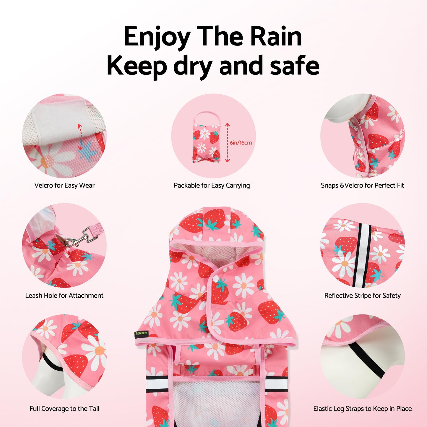 Fitwarm Strawberry Daisy Dog Raincoat with Hood, Waterproof Rain Jacket for Small Dogs Girl, Reflective Pet Poncho with Harness Opening, Packable, Adjustable, Pink, XS