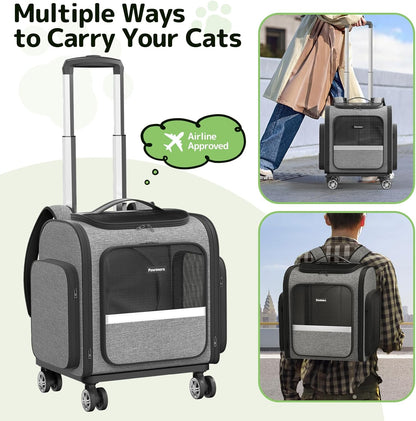 Rolling Cat Carrier with Wheels: Airline Approved Dog Carrier for Small Dogs & Large Cats, Expandable Pet Carrier on Wheels with Cat Play Tunnel, Large Capacity, Breathable Mesh, Side Pocket, Grey